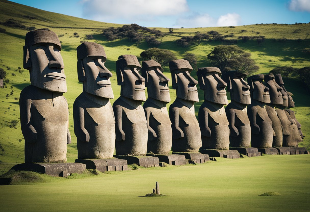 Giant Moai statues stand in rows, facing inland, on Easter Island. Their purpose remains a mystery, but they hold significant historical and cultural importance