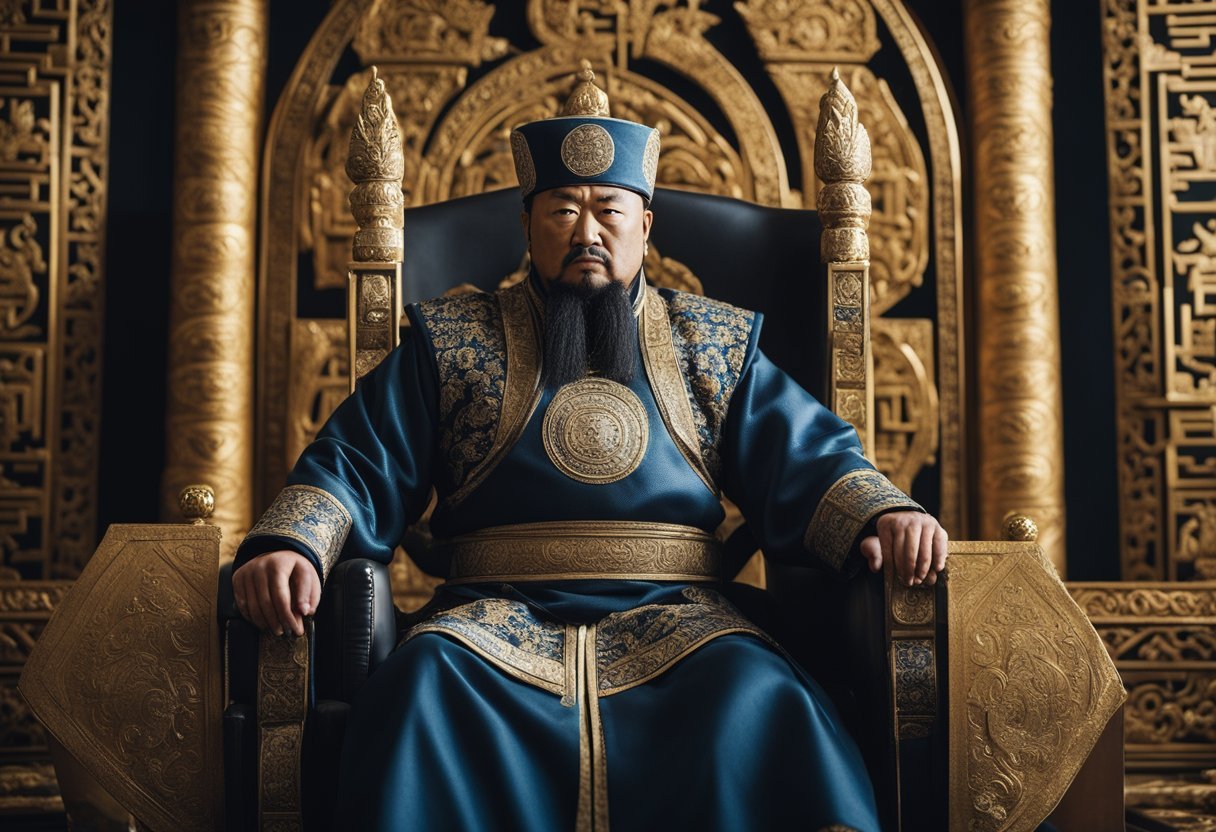 Kublai Khan sits on a majestic throne, surrounded by opulent riches and powerful symbols of the Mongol Empire's reign and legacy