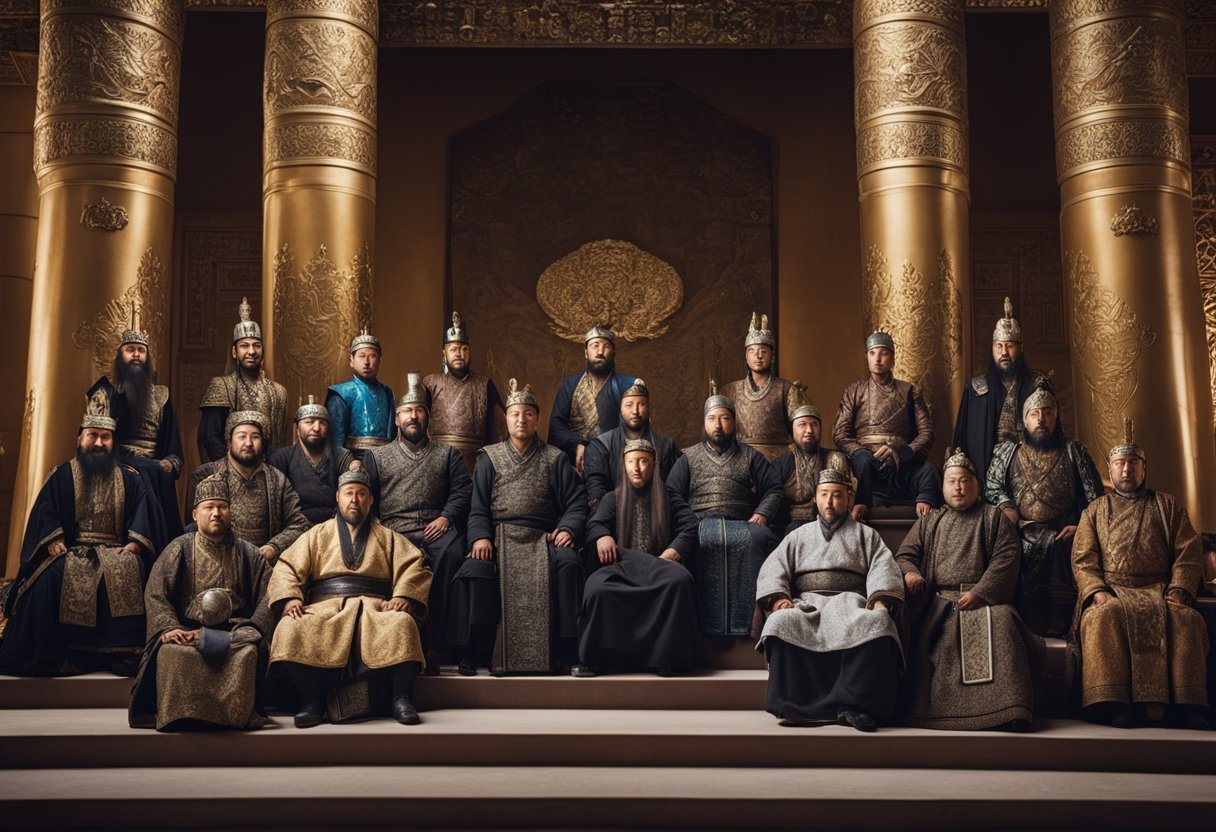 Kublai Khan sits on a majestic throne, surrounded by his loyal subjects and advisors. The grandeur of the Mongol Empire is evident in the opulent palace and bustling court