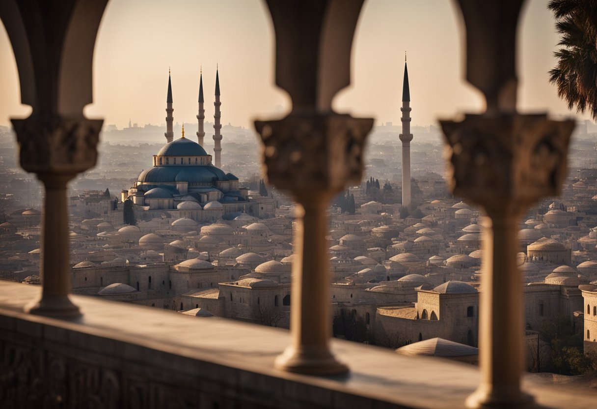 Suleiman's empire spreads across the horizon, mosques and palaces stand tall, symbolizing his powerful influence and lasting legacy