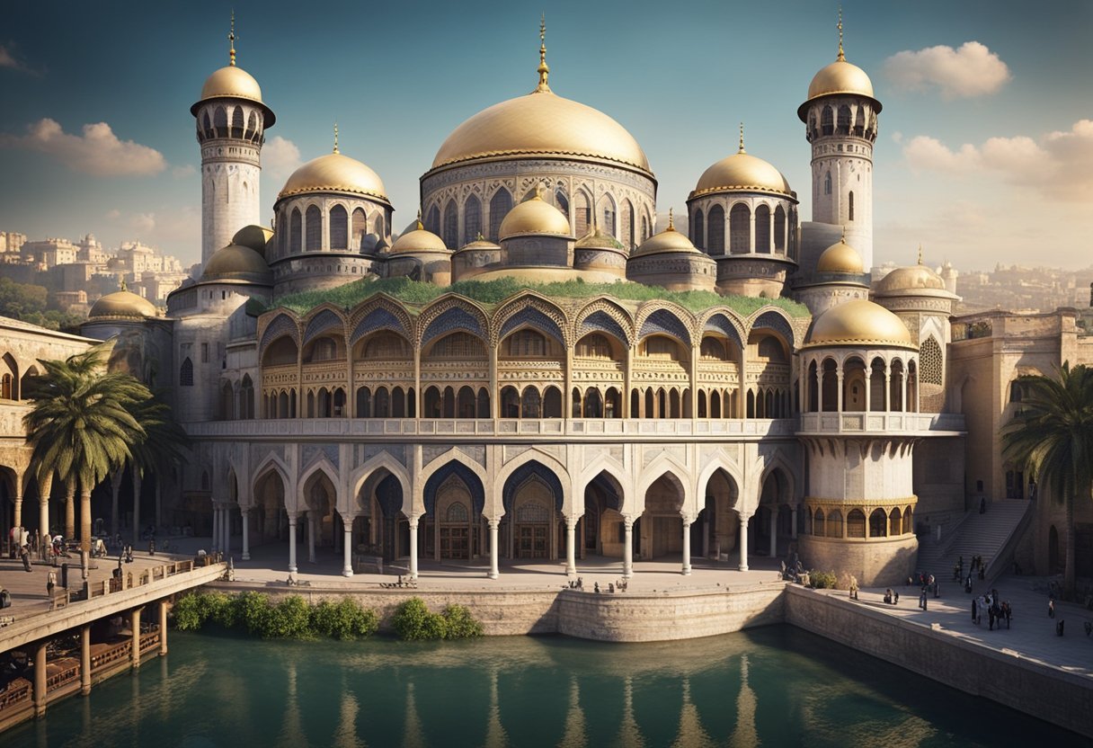 Suleiman the Magnificent's ornate palace, with grand domes and intricate arches, overlooks a bustling bazaar and a serene river