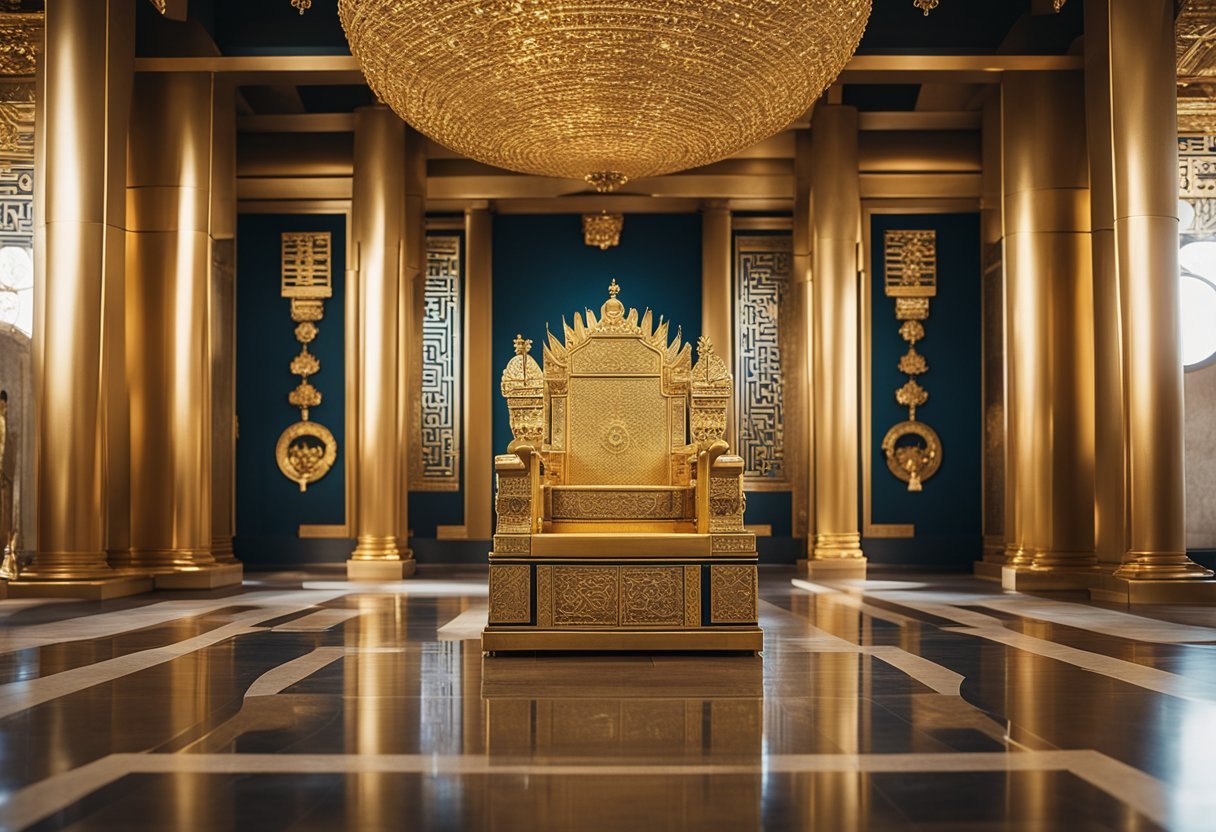 Golden throne, adorned with hieroglyphs and jewels, sits in a grand hall. Statues of gods and goddesses line the walls, as the sun's rays illuminate the opulent room