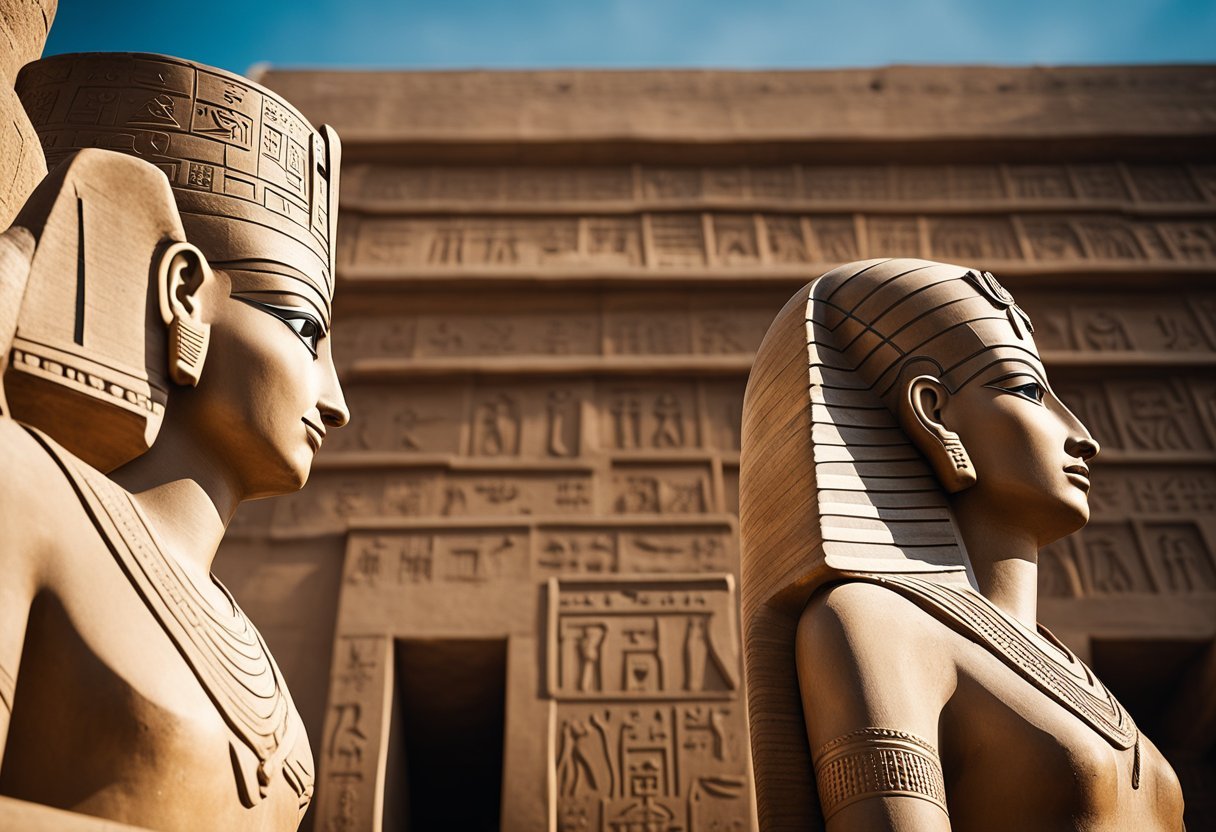 Queen Tausret's regal figure stands before a grand temple, surrounded by hieroglyphs and symbols of power. The scene exudes a sense of ancient Egyptian cultural and historical significance