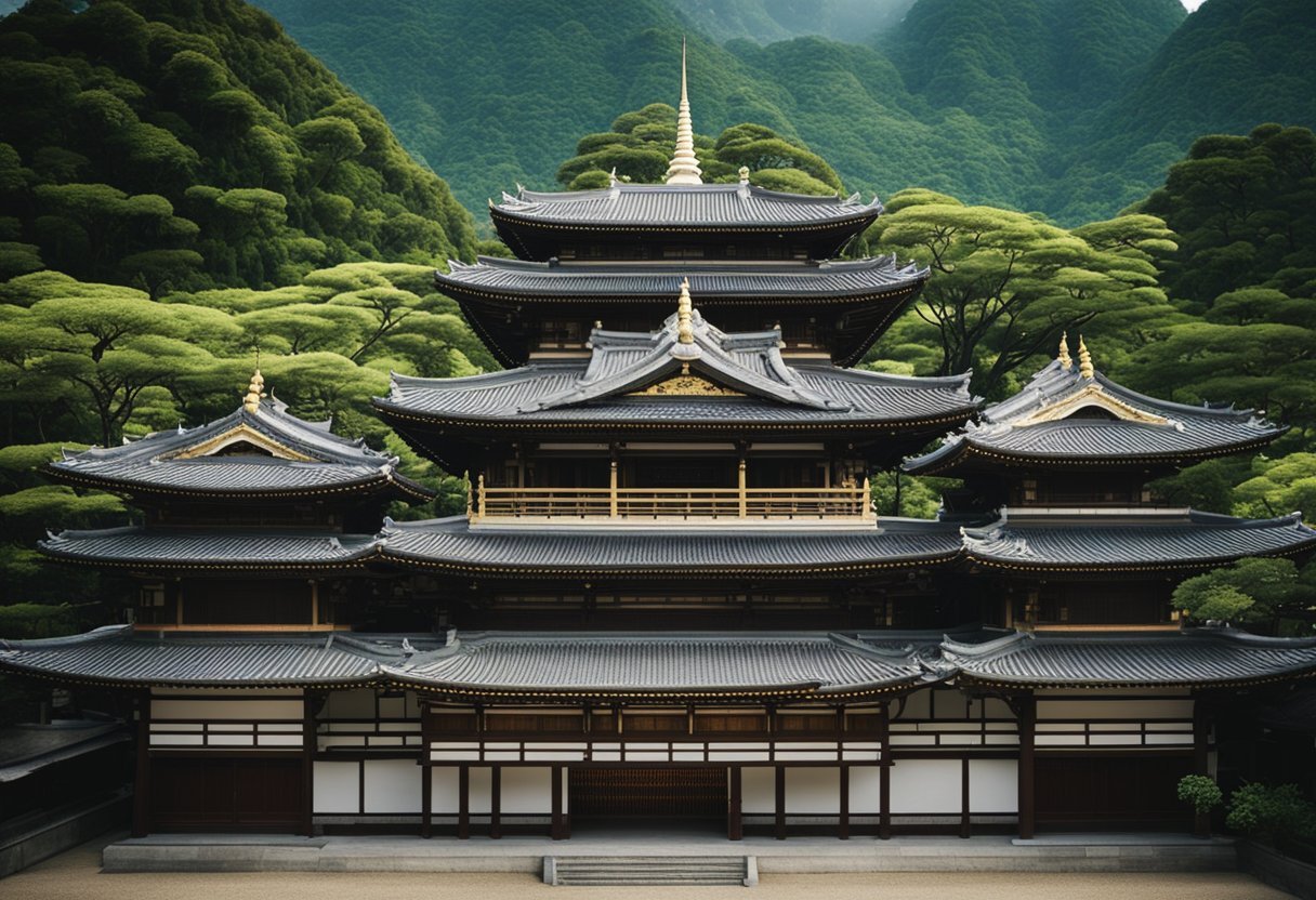 A grand palace with traditional Japanese architecture, surrounded by lush gardens and adorned with intricate sculptures and symbols of ancient Japanese culture