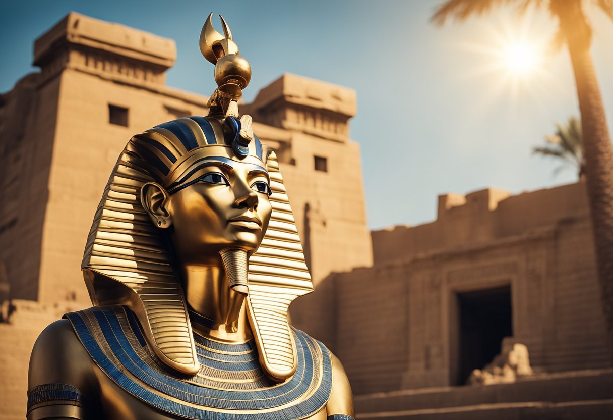 Ramses the Great stands tall, adorned in regal attire, with a majestic crown on his head. The sun shines brightly, casting a golden glow on the ancient Egyptian architecture behind him