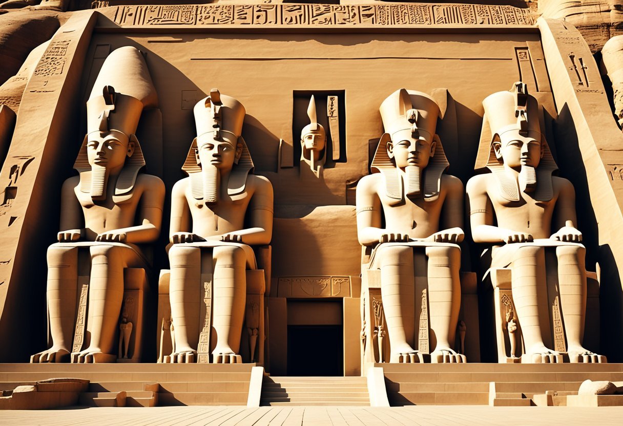 The grand temple of Abu Simbel, with towering statues of Ramses the Great, surrounded by intricate hieroglyphics and impressive architectural details