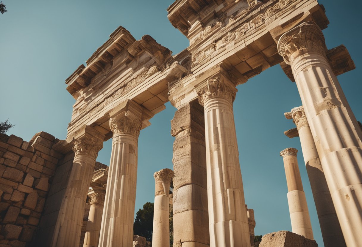 Ancient ruins of Ephesus, Turkey stand tall in the golden sunlight, with intricate details and columns stretching into the sky