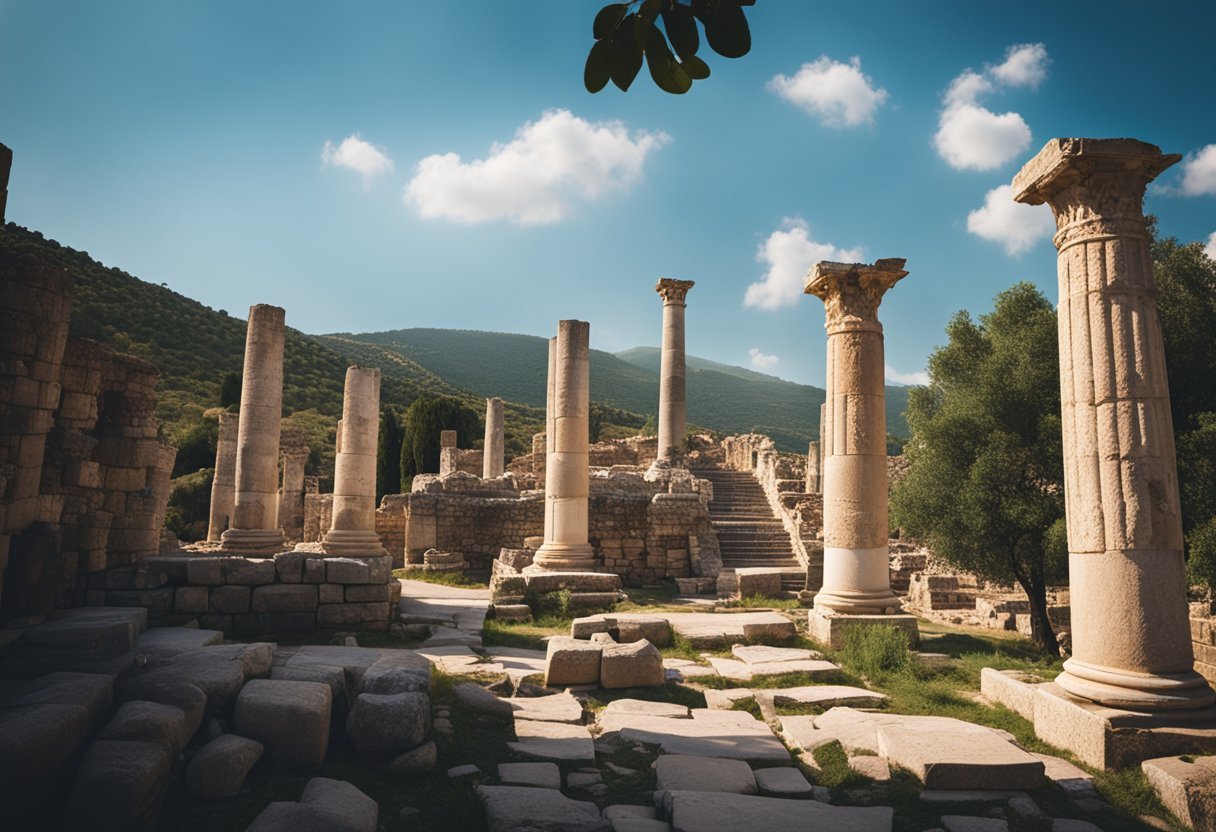 The ancient ruins of Ephesus stand tall against a backdrop of blue skies and lush greenery, with the sun casting a warm glow over the stone structures