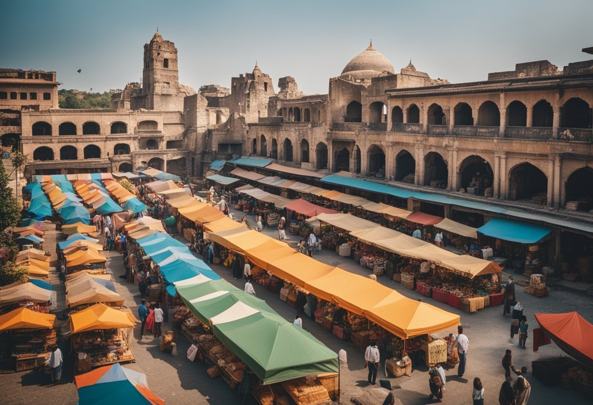 Vibrant street market with colorful textiles, traditional crafts, and bustling cafes. Ancient ruins and modern architecture blend seamlessly