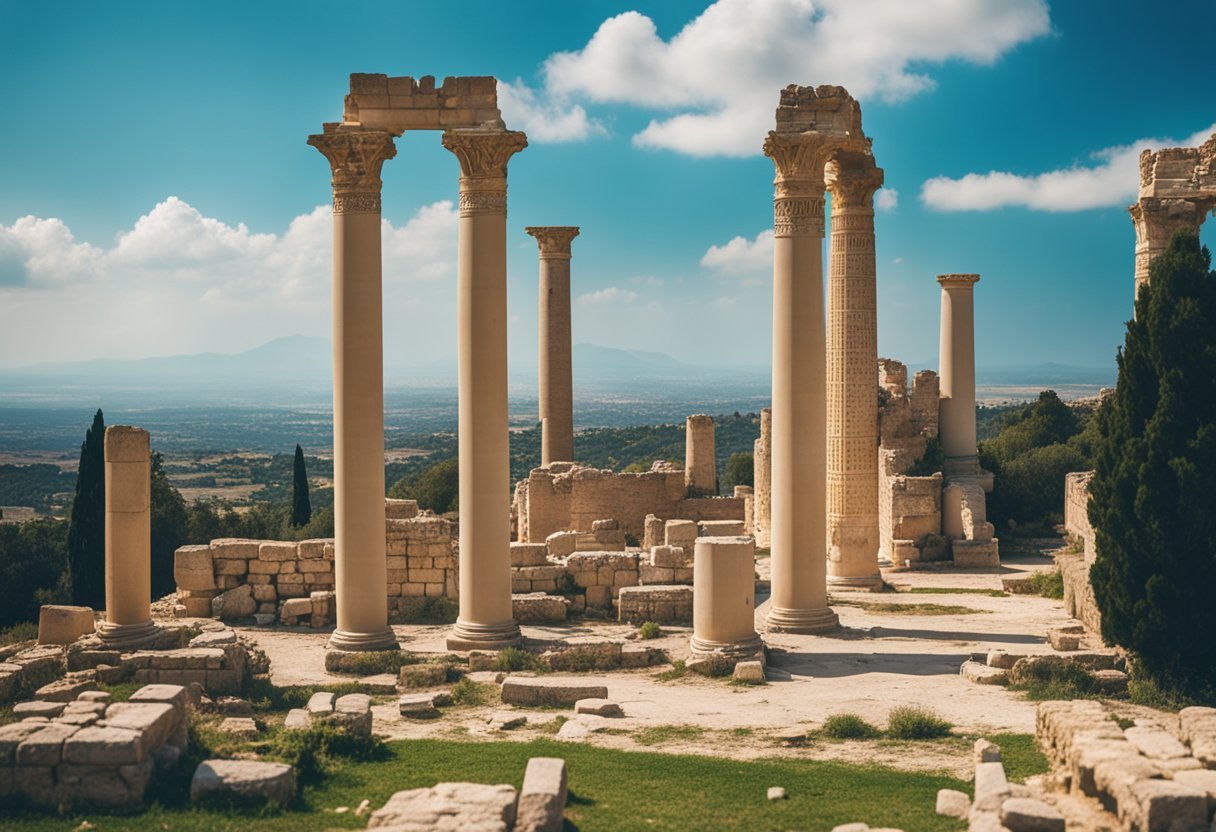 The ancient ruins of Carthage stand against a backdrop of blue skies and rolling hills, with scattered columns and remnants of grand architecture