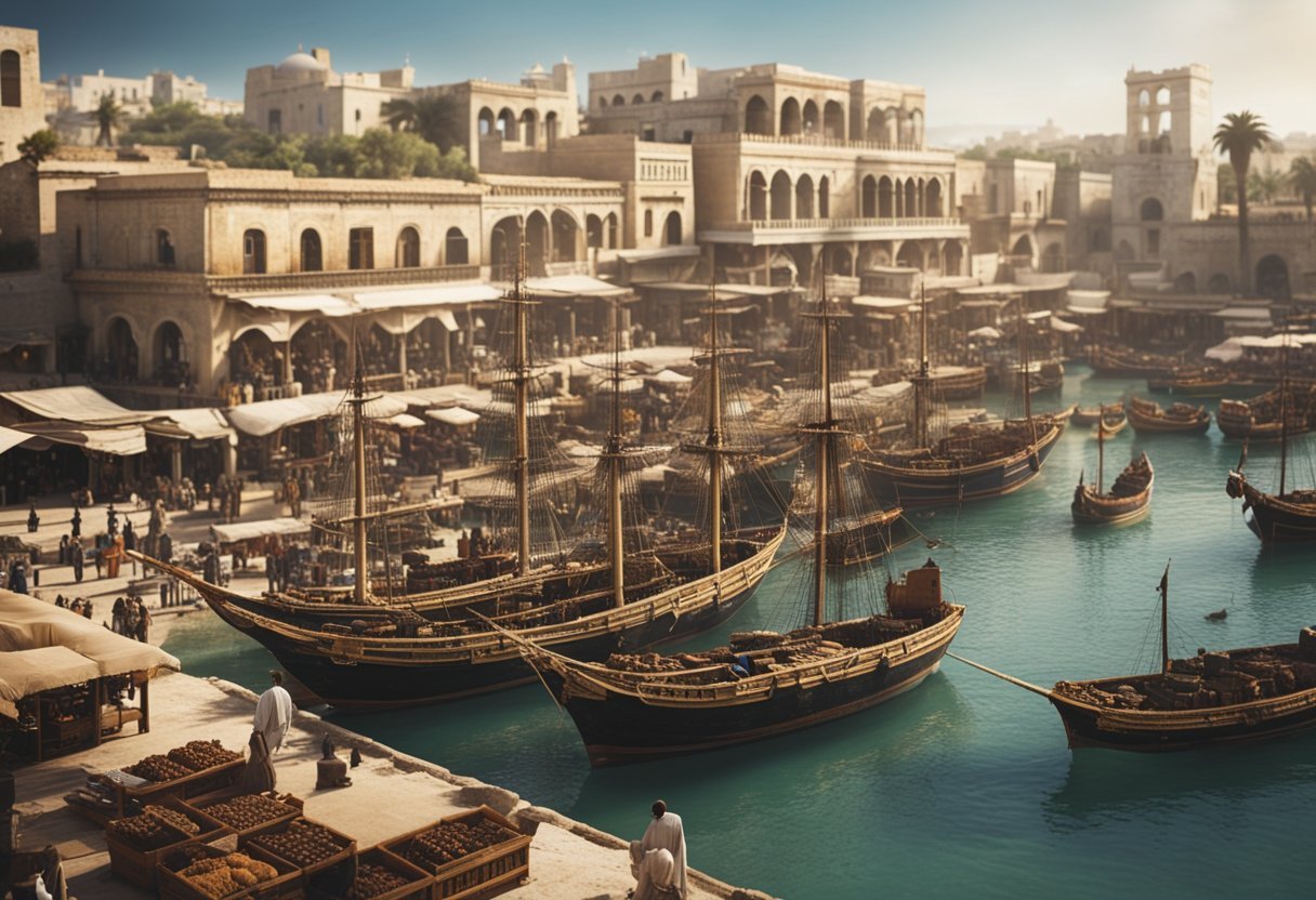 The bustling port of ancient Carthage, with ships unloading exotic goods and merchants haggling in the marketplace