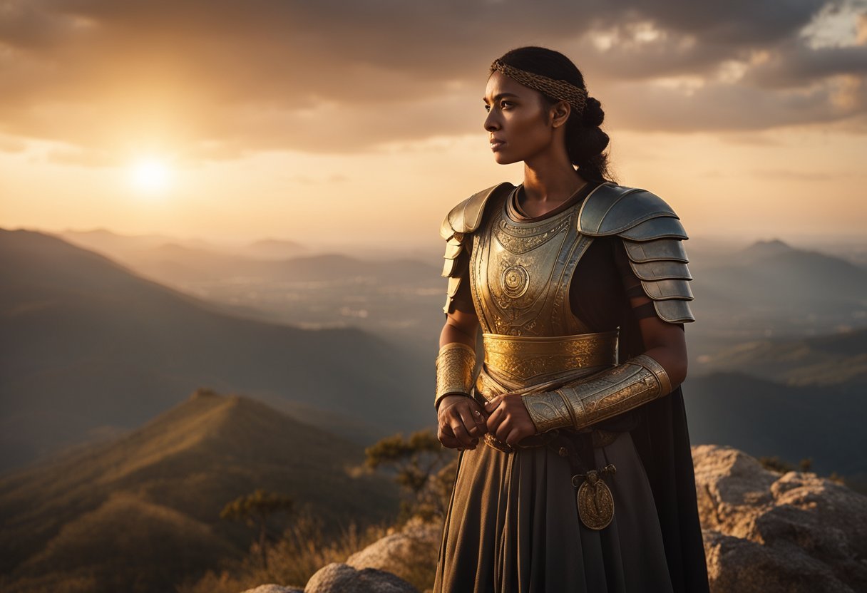 Tomyris of Massagetae stands atop a mountain, overlooking her kingdom. Her people work the land, while warriors train for battle. The sun sets behind her, casting a golden glow over the scene