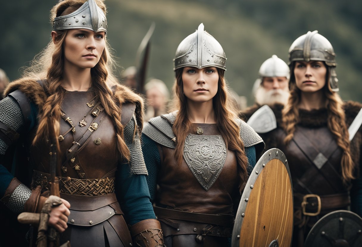 Viking women holding swords and shields, standing confidently in battle gear, surrounded by symbols of power and authority