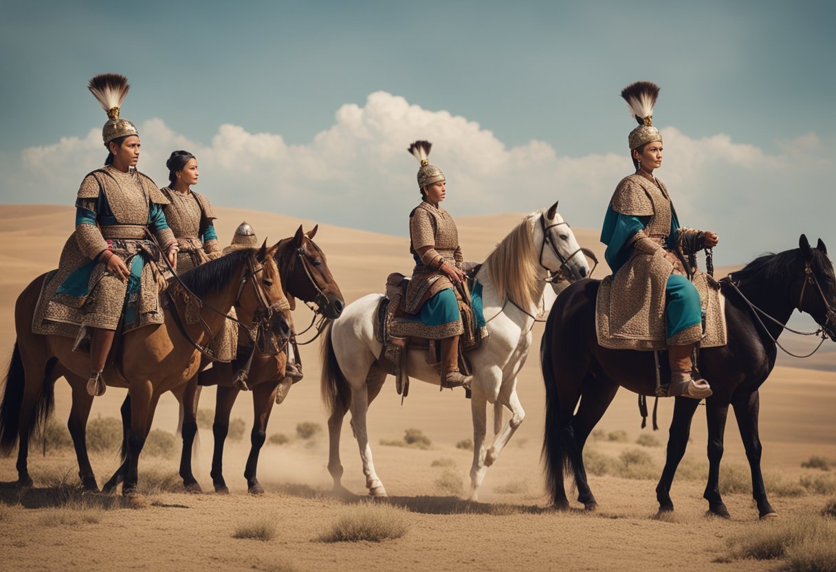 Tomyris stands tall in traditional Massagetae attire, surrounded by warriors on horseback, with the vast Central Asian steppe stretching out behind her