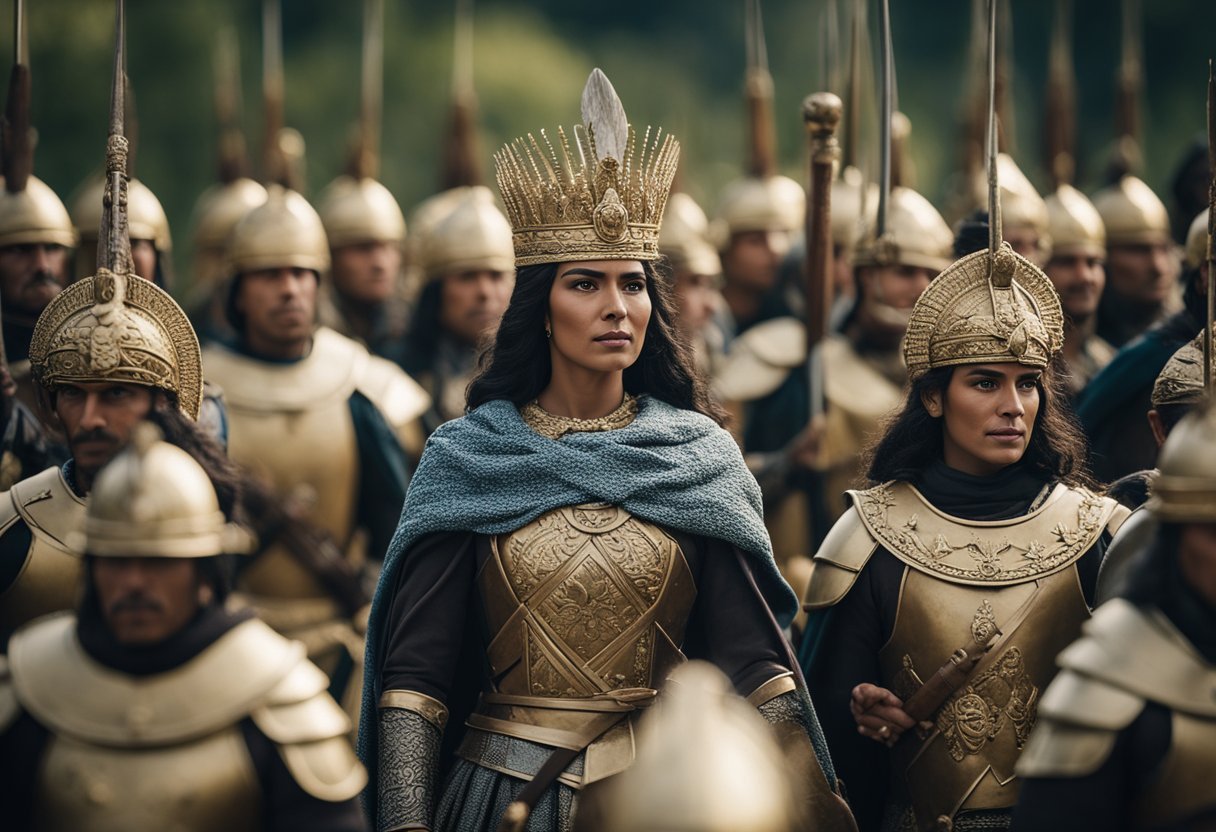 Cartimandua of Brigantes, a powerful and influential queen, surrounded by her loyal warriors and subjects, overseeing her kingdom's cultural and historical impact