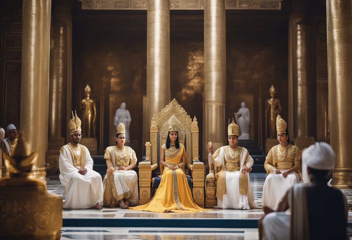 Cleopatra Selene II seated on a throne, adorned in royal attire, surrounded by servants and courtiers in a grand palace hall