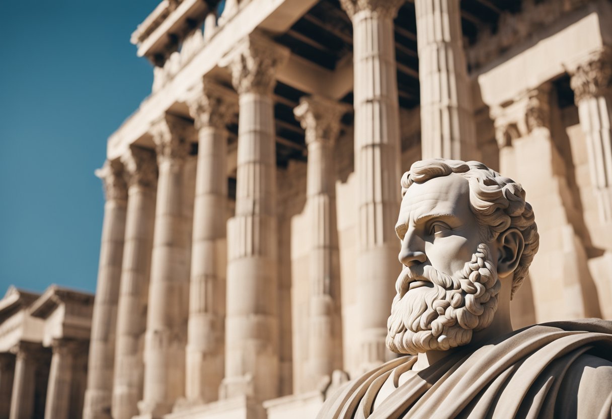 Pericles standing amidst grand architecture and sculptures, with scrolls and writings symbolizing cultural achievements of ancient Athens