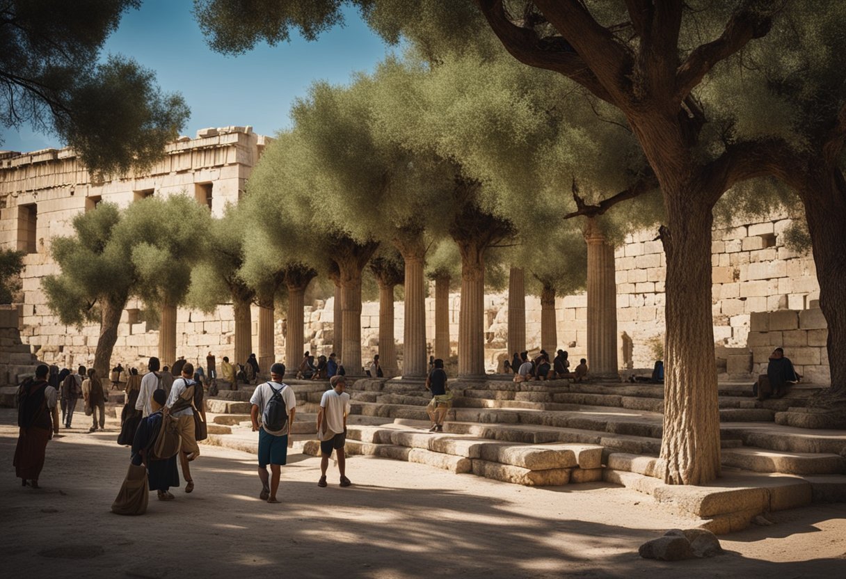 Pericles' Athens: bustling agora, grand Parthenon, vibrant theater, and wise philosophers debating in the shade of olive trees