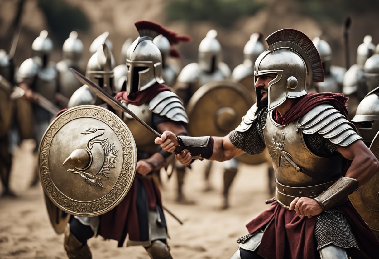 Spartan warriors defend the narrow pass against Persian invaders