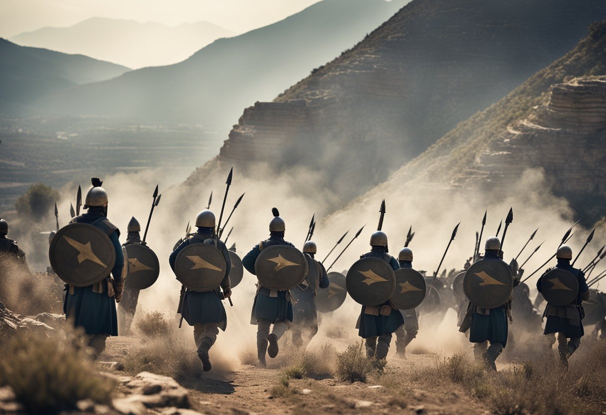 A narrow mountain pass with Greek soldiers defending against a massive Persian army. Spears clash, arrows fly, and dust fills the air