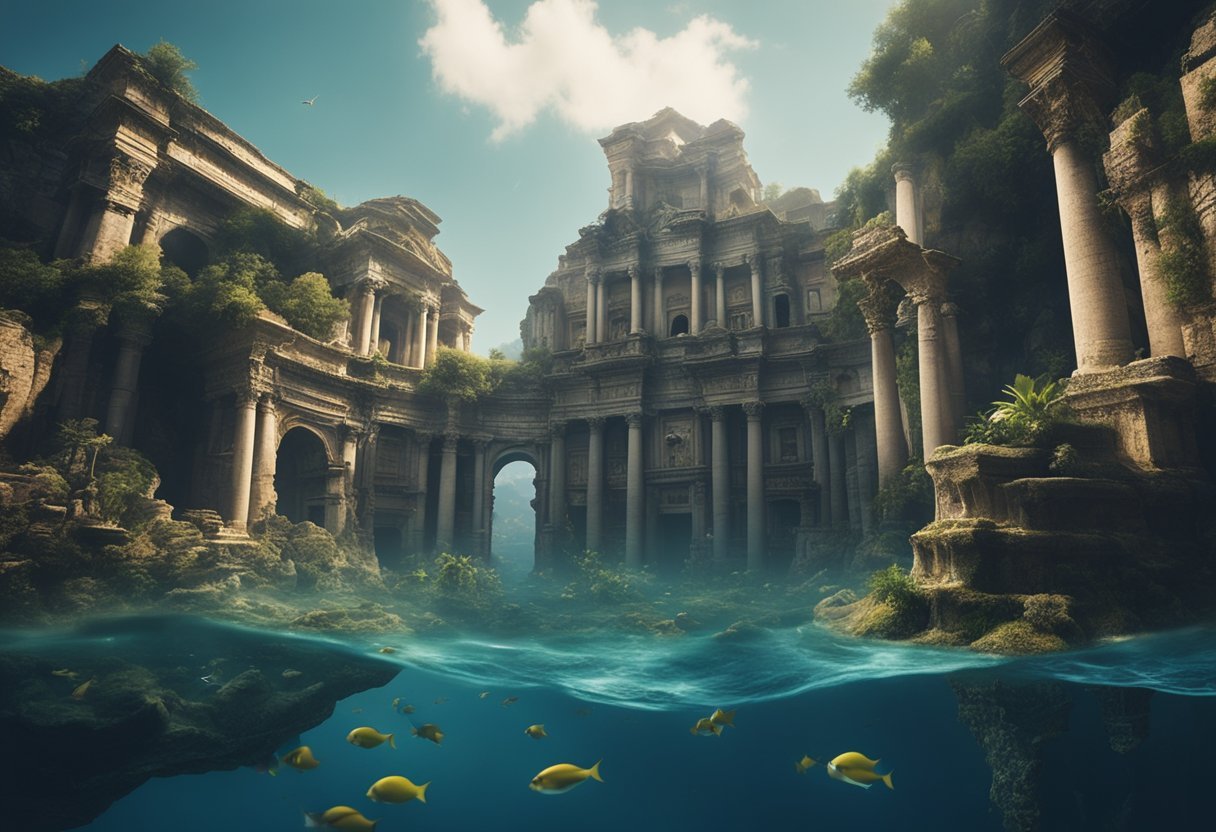 A magnificent city sinking beneath the waves, surrounded by swirling water and mysterious ruins