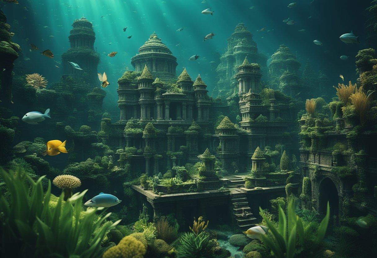 A grand, ancient city rises from the depths of the ocean, surrounded by mystical creatures and shimmering underwater plants