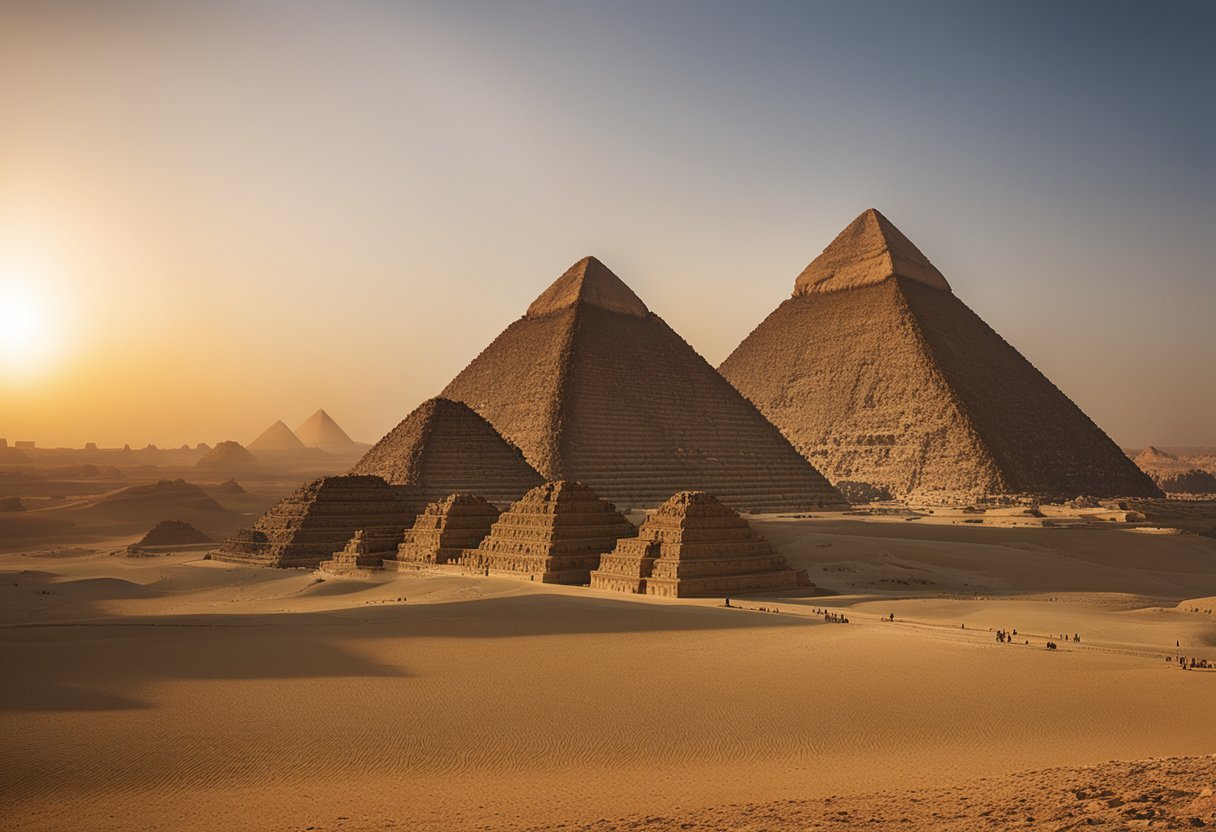 The sun sets behind the majestic Great Pyramids of Giza, casting long shadows across the ancient structures. The sandstone blocks glow in the warm light, while the Sphinx stands guard in the distance