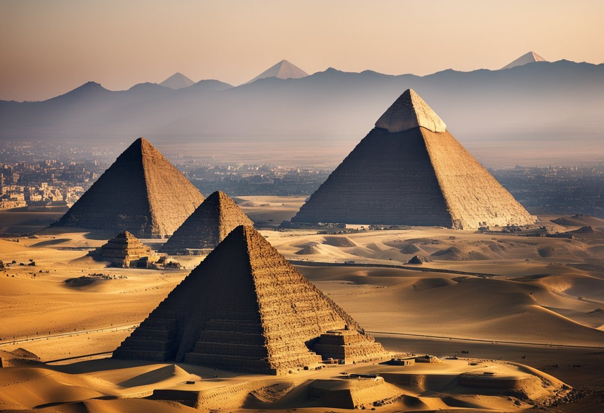 The Great Pyramids of Giza rise majestically against the backdrop of the desert, their massive limestone blocks forming a striking geometric pattern