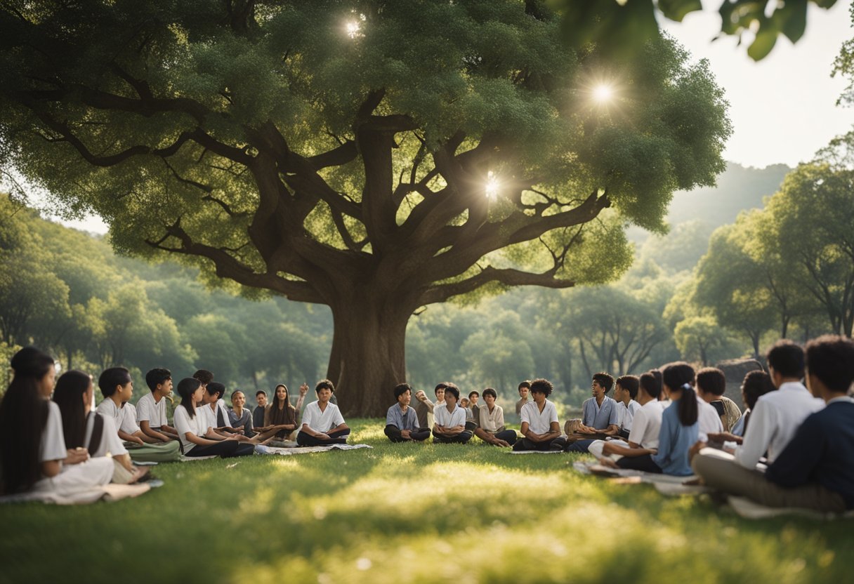 Zeno of Citium lecturing under a sprawling tree, surrounded by attentive students and a serene natural backdrop