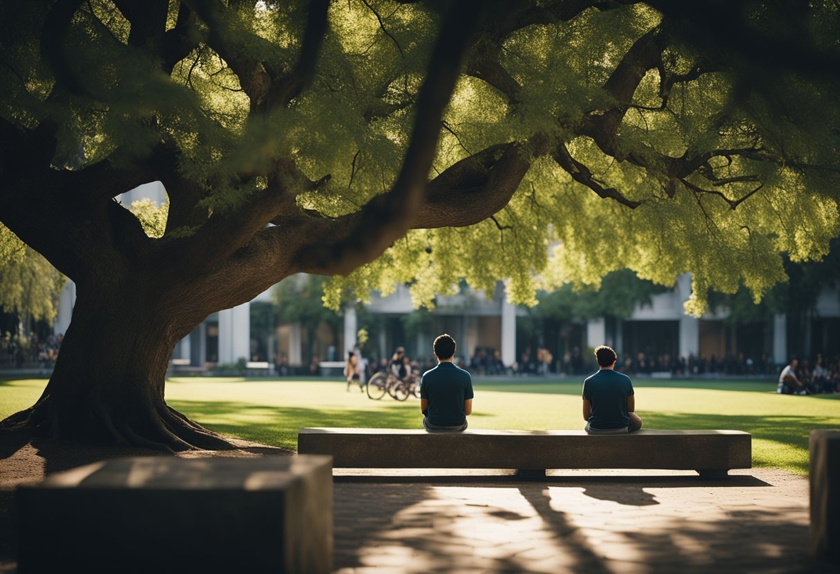 A serene garden with a stoic figure under a shaded tree, surrounded by students in deep contemplation