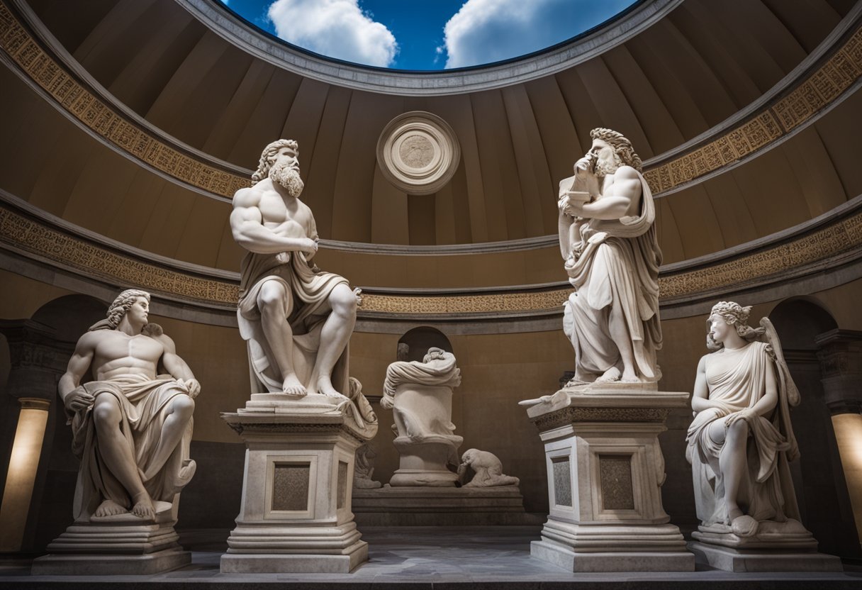 The Pantheon of Olympians: Zeus, Hera, Athena, and more, surrounded by clouds and lightning, seated on thrones, with majestic expressions