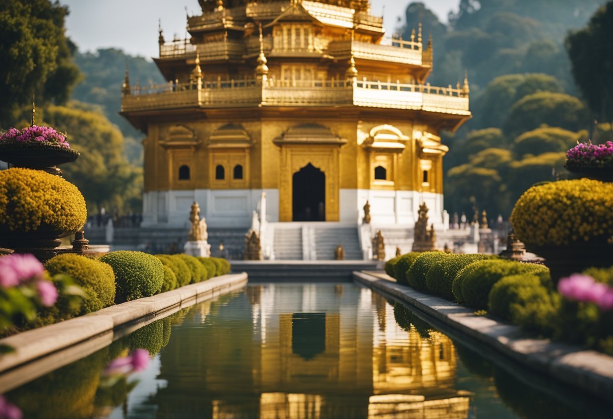 Golden temple with intricate carvings, surrounded by lush gardens. Offerings of flowers and incense at the feet of a majestic statue of Hera