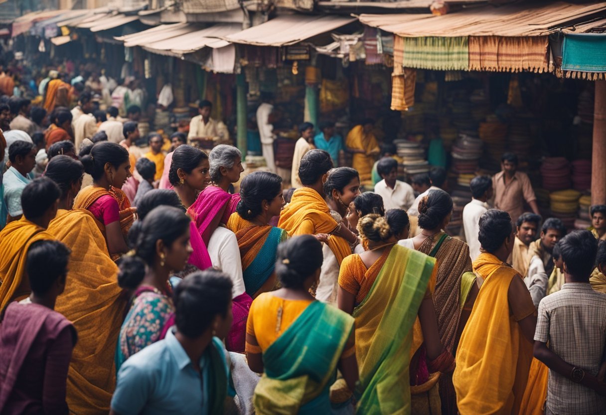 Vibrant street market with colorful saris, bustling with activity, surrounded by ancient temples and palaces in Madurai, India