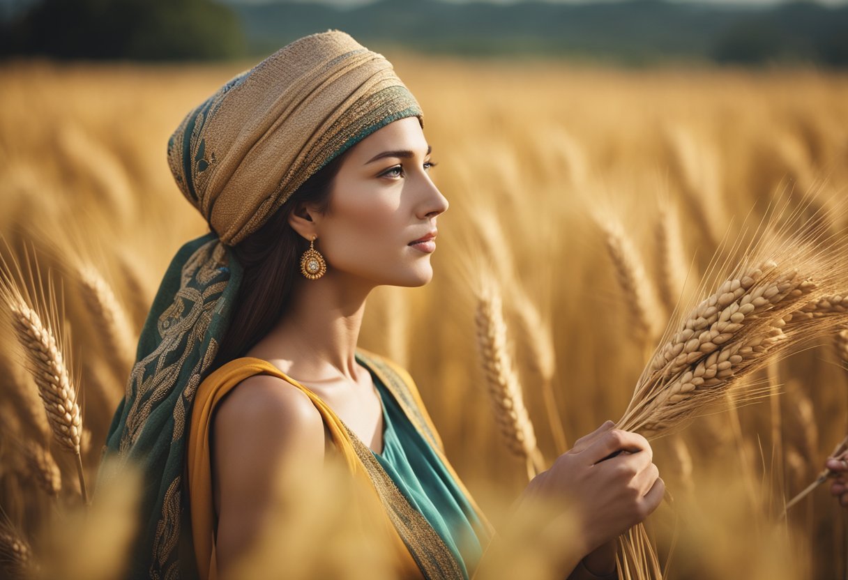 Demeter stands amidst bountiful fields, surrounded by golden wheat and vibrant fruits. Her presence exudes abundance and fertility, as she watches over the harvest with a benevolent gaze