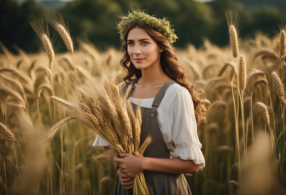 Demeter stands in a lush field, surrounded by ripe fruits and abundant crops. She holds a sheaf of wheat and is accompanied by a contented group of animals