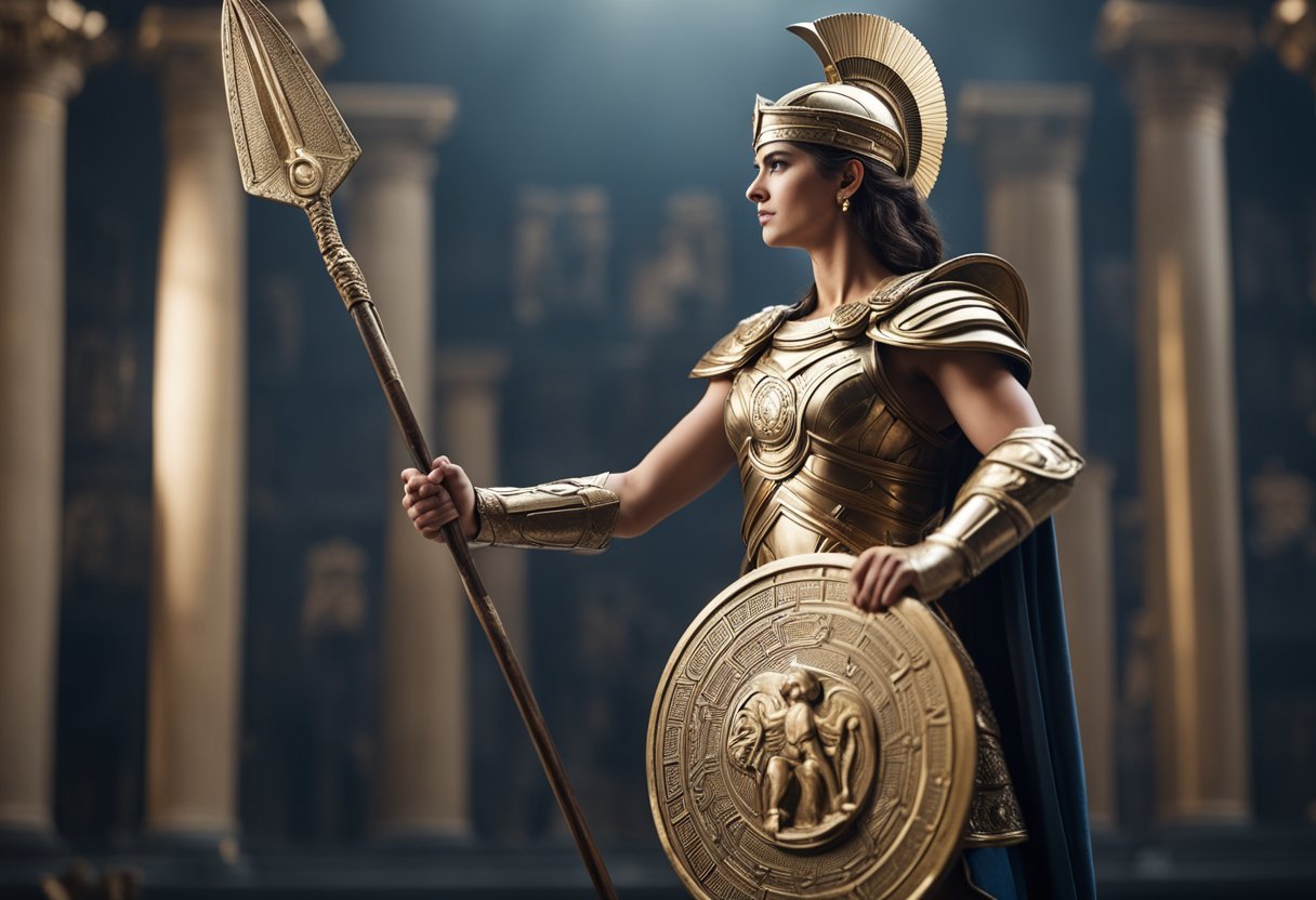 Athena stands tall, holding a shield and spear. Her wise eyes gaze out, surrounded by symbols of knowledge and warfare