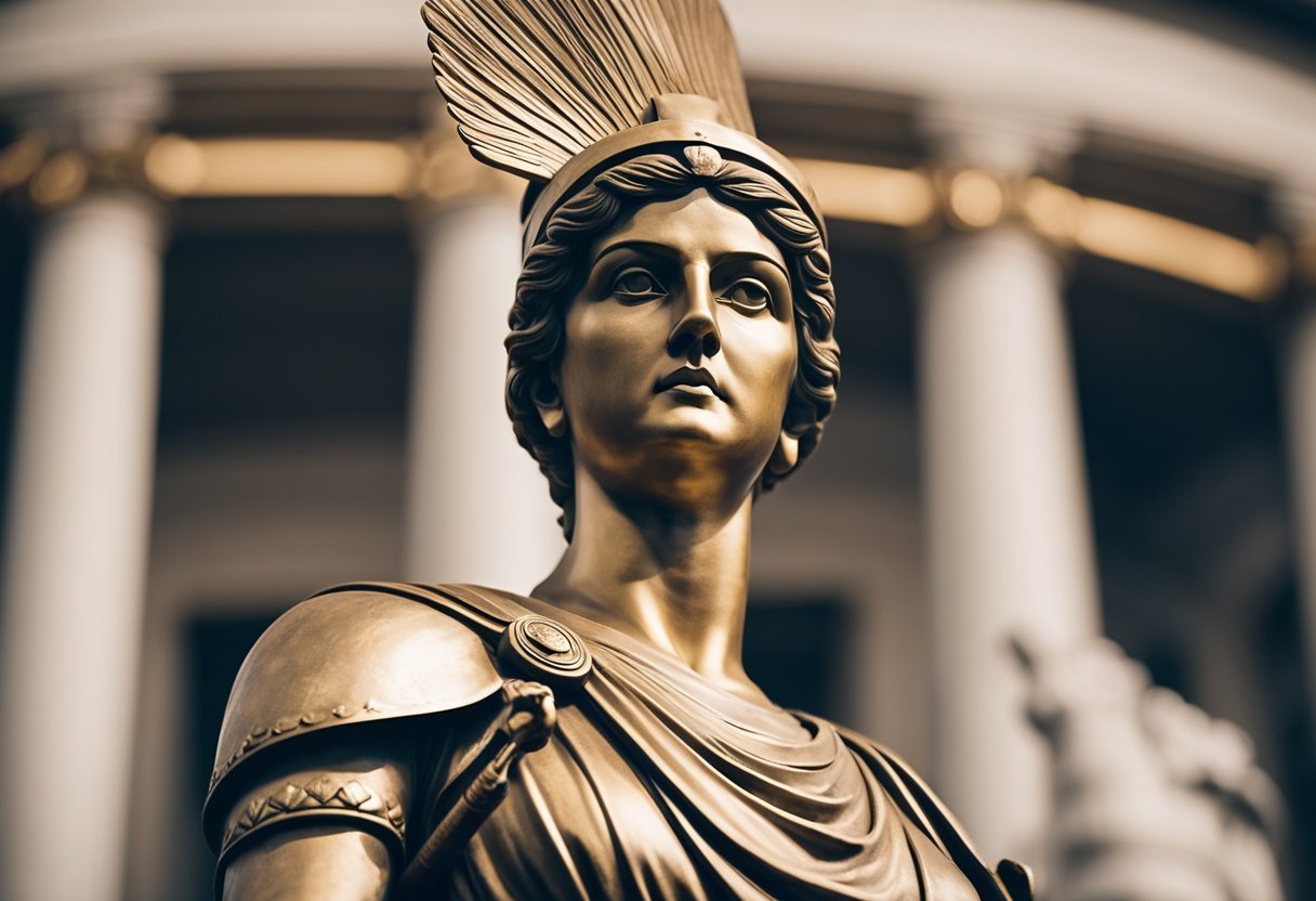 Athena's statue stands tall, symbolizing wisdom and war. A library and a battlefield flank her, representing her cultural impact