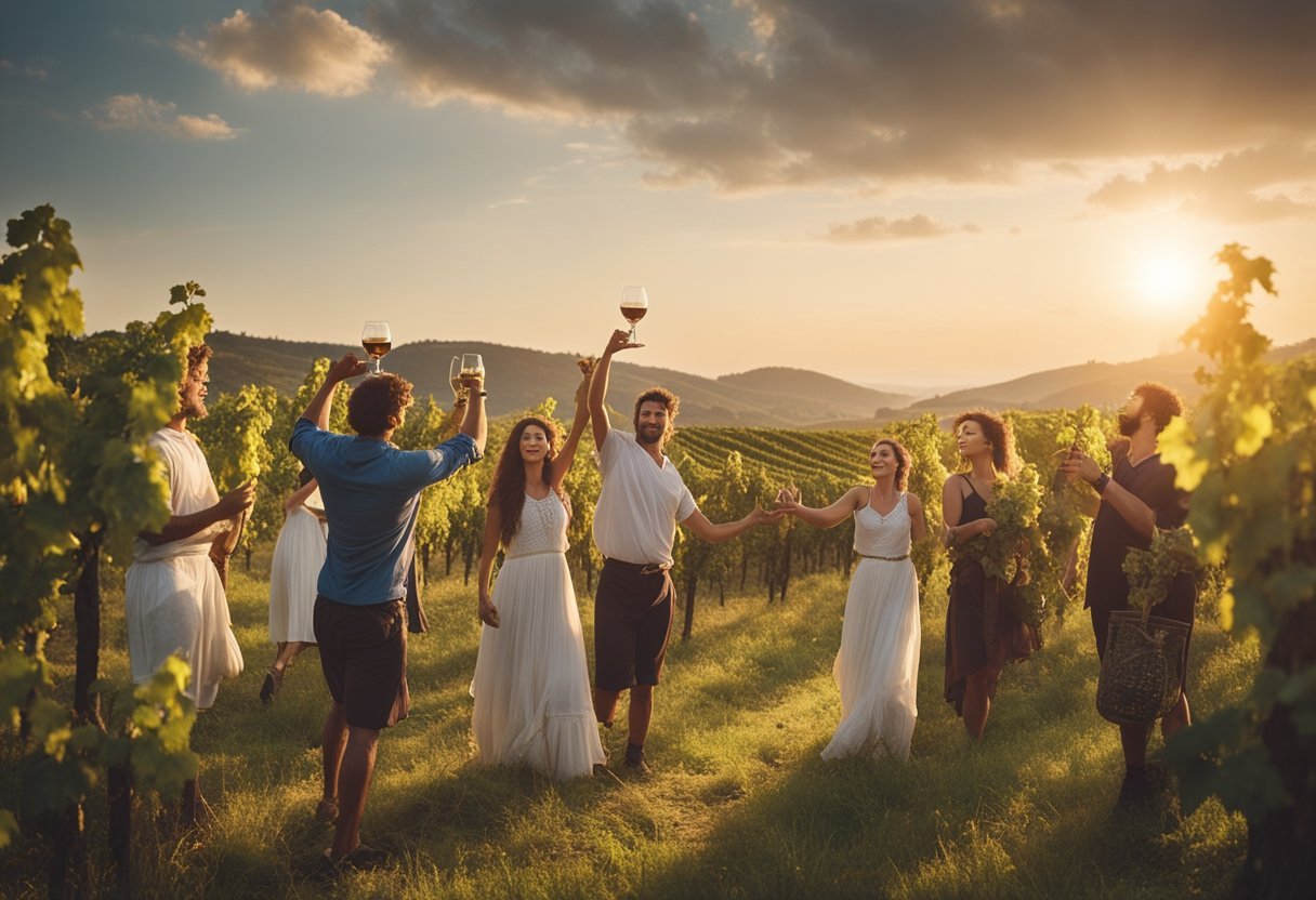 Dionysus, surrounded by lush vineyards, raises a goblet of wine amidst a gathering of joyful satyrs and maenads, as the sun sets over the hills