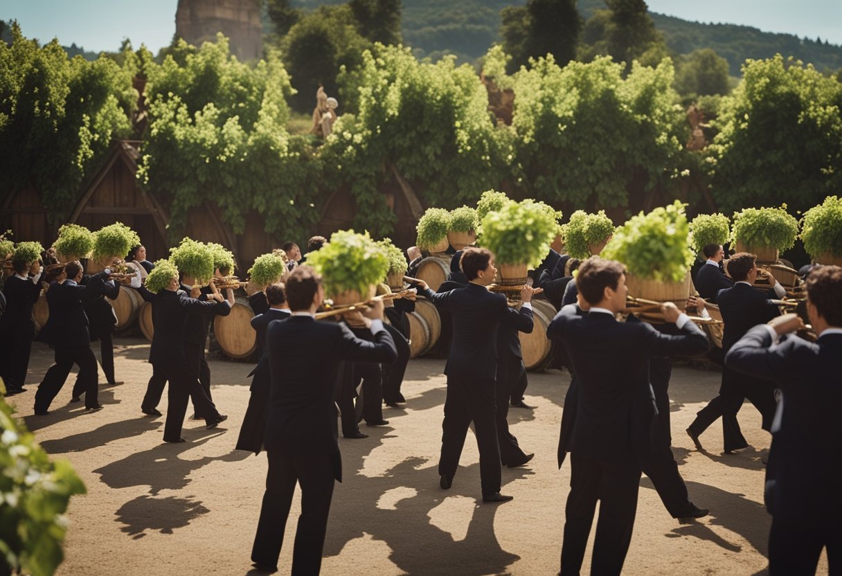 A grand procession of revelers, adorned with grapevines and playing flutes, dances in honor of Dionysus, surrounded by overflowing wine barrels