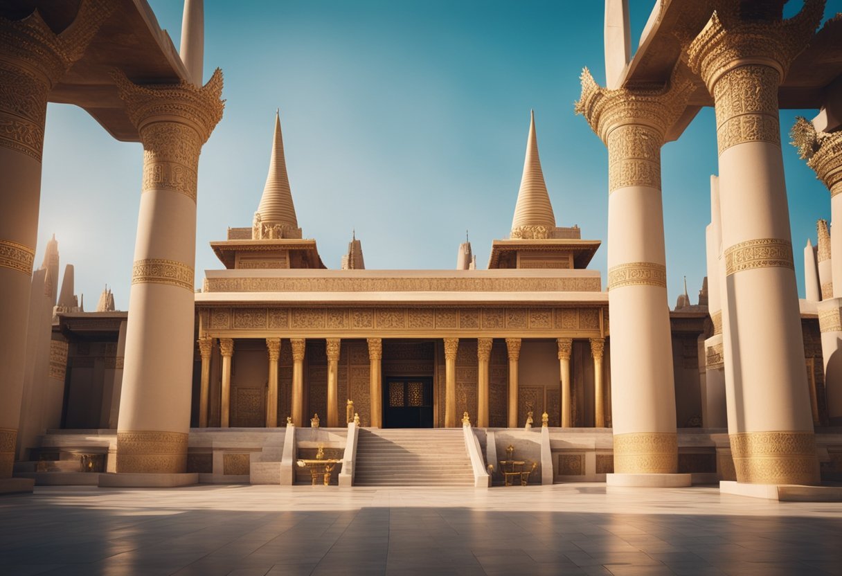 A grand temple with hieroglyphics, statues, and obelisks. A regal throne room with ornate decorations and symbols of power