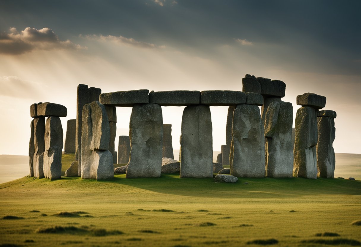 Stonehenge stands tall, ancient stones arranged in a circular formation, surrounded by a vast open landscape